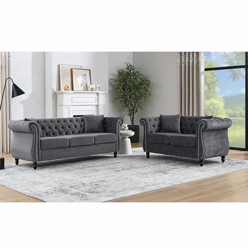 Grey Velvet 3 Seater Sofa with Pillows I52242