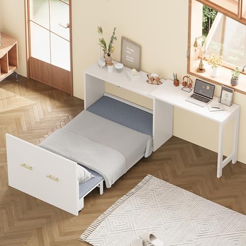 White Twin Folding Murphy Bed with Mattresses and Desk H653
