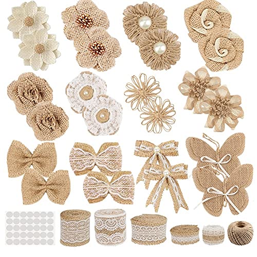 24 Burlap Flowers and Bowknots, 5 Lace Burlap Ribbon Rolls, 1 Twine Ribbon and Glue Point Z6490