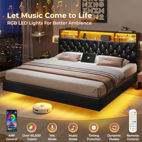 King Size Floating Bed Frame with LED Lights, Faux Leather Upholstered, PU Black B98127