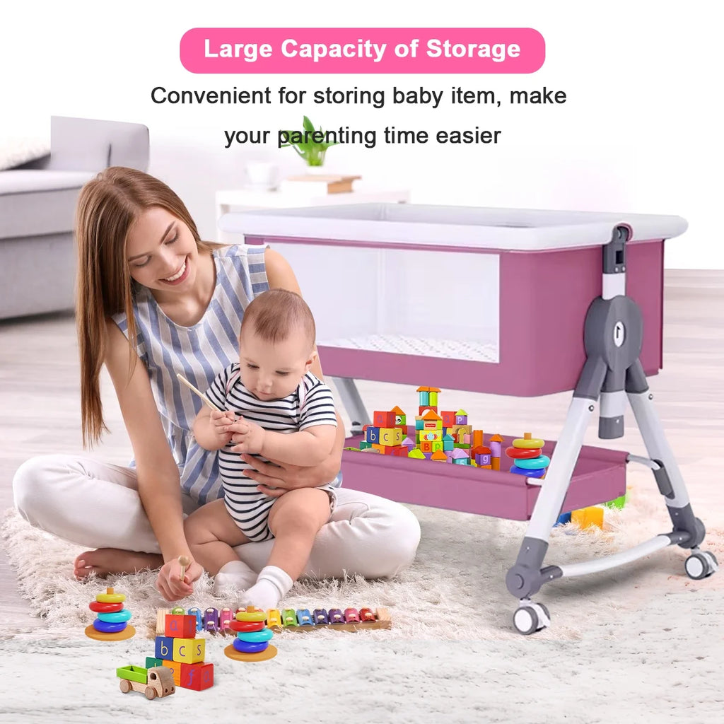 Pink 4 in 1 Infant Bedside Crib with Storage Basket I436