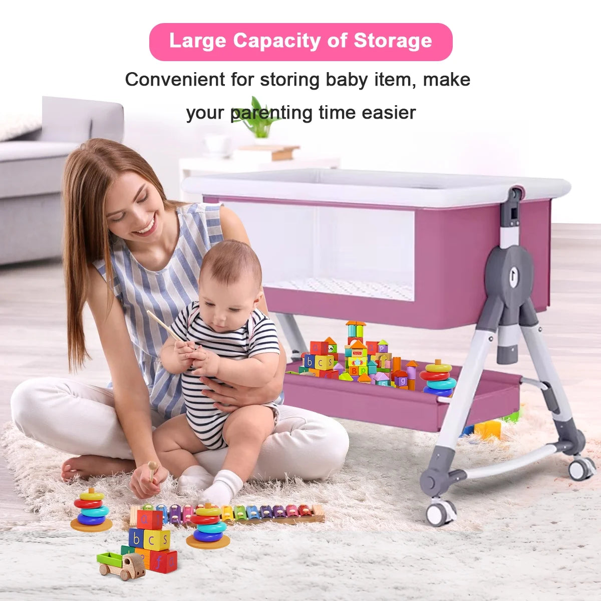 Pink 4 in 1 Infant Bedside Crib with Storage Basket I436