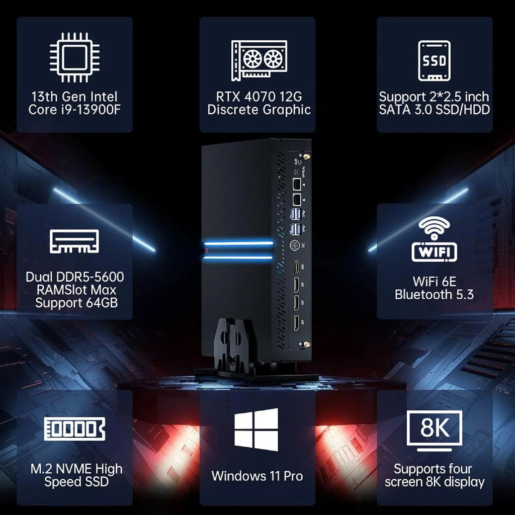 Mini Gaming PC i9-13900F GeForce RTX4070 32G DDR5 RAM 1T SSD Windows 11 Pro WiFi6E BT5.3 U4523