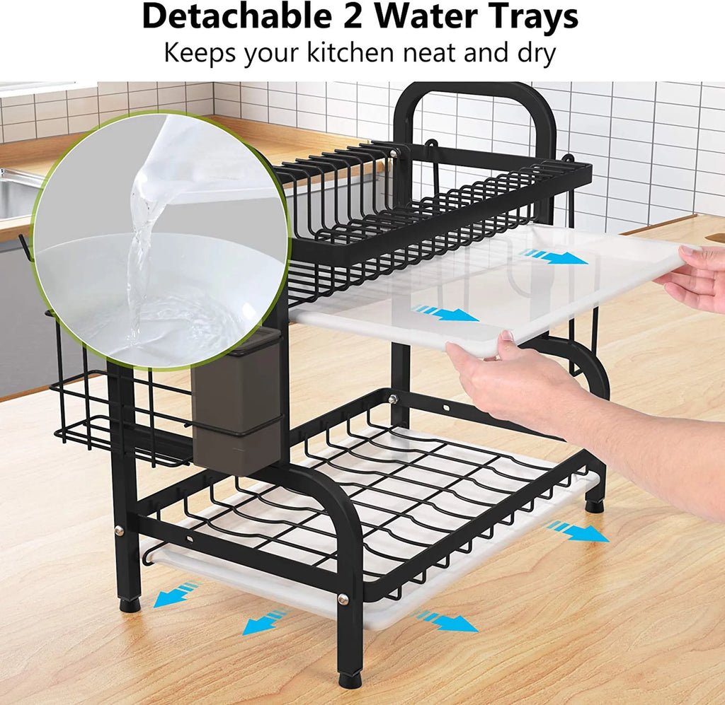 Adjustable 2-Tier Large Dish Drying Rack with Cutting Board Holder B458659