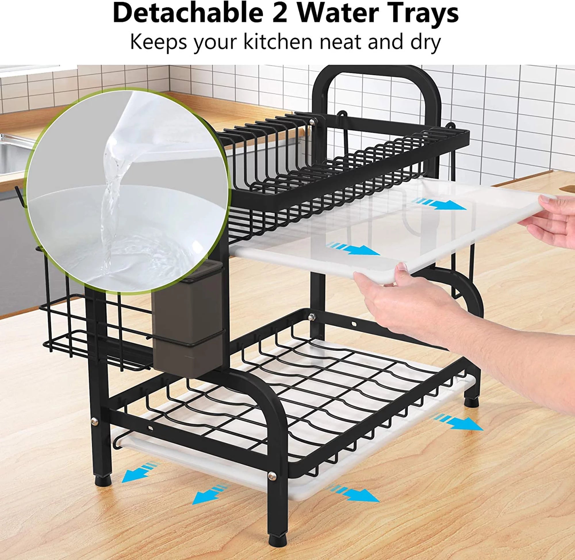 Adjustable 2-Tier Large Dish Drying Rack with Cutting Board Holder B458659