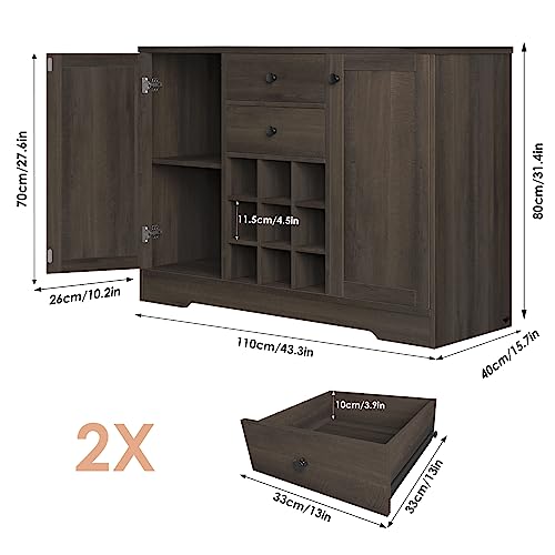 Dark Brown Buffet Sideboard with 2 Drawers and Adjustable Shelves J6906