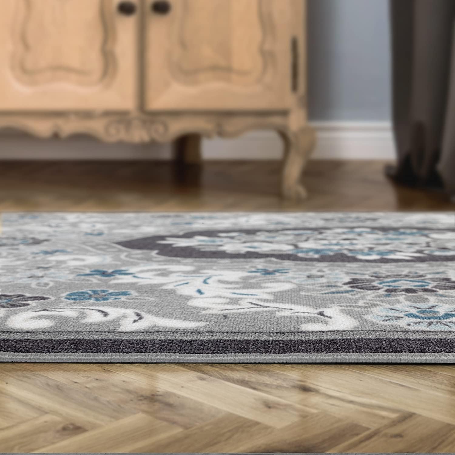 Gray 6'7" x 9' Non-Skid Rubber Backing Floral Area Rug N239