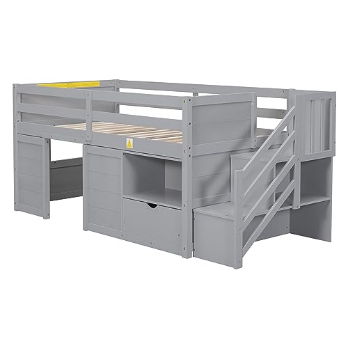 Twin Size Wooden Loft Bed with Stairs, Drawers and Shelves, Grey Z29103