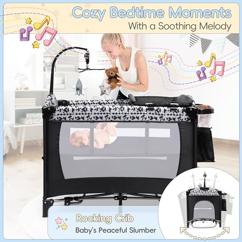 5-in-1 Pack and Play Baby Bassinet Bedside Sleeper with Diaper Changer Storage Bag Music Box Portable Baby Crib Carry Bag Foldable Playard Bassinet K851559