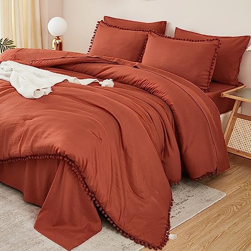 King Size 7 Pieces Terracotta Burnt Orange Comforter Set J43003