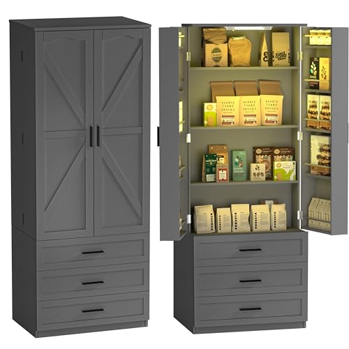 72" LED Kitchen Pantry Cabinet with 3 Drawers Tall Storage Cabinet Wood Food Pantry with Barn Doors and Adjustable Shelves Freestanding Cupboard N450