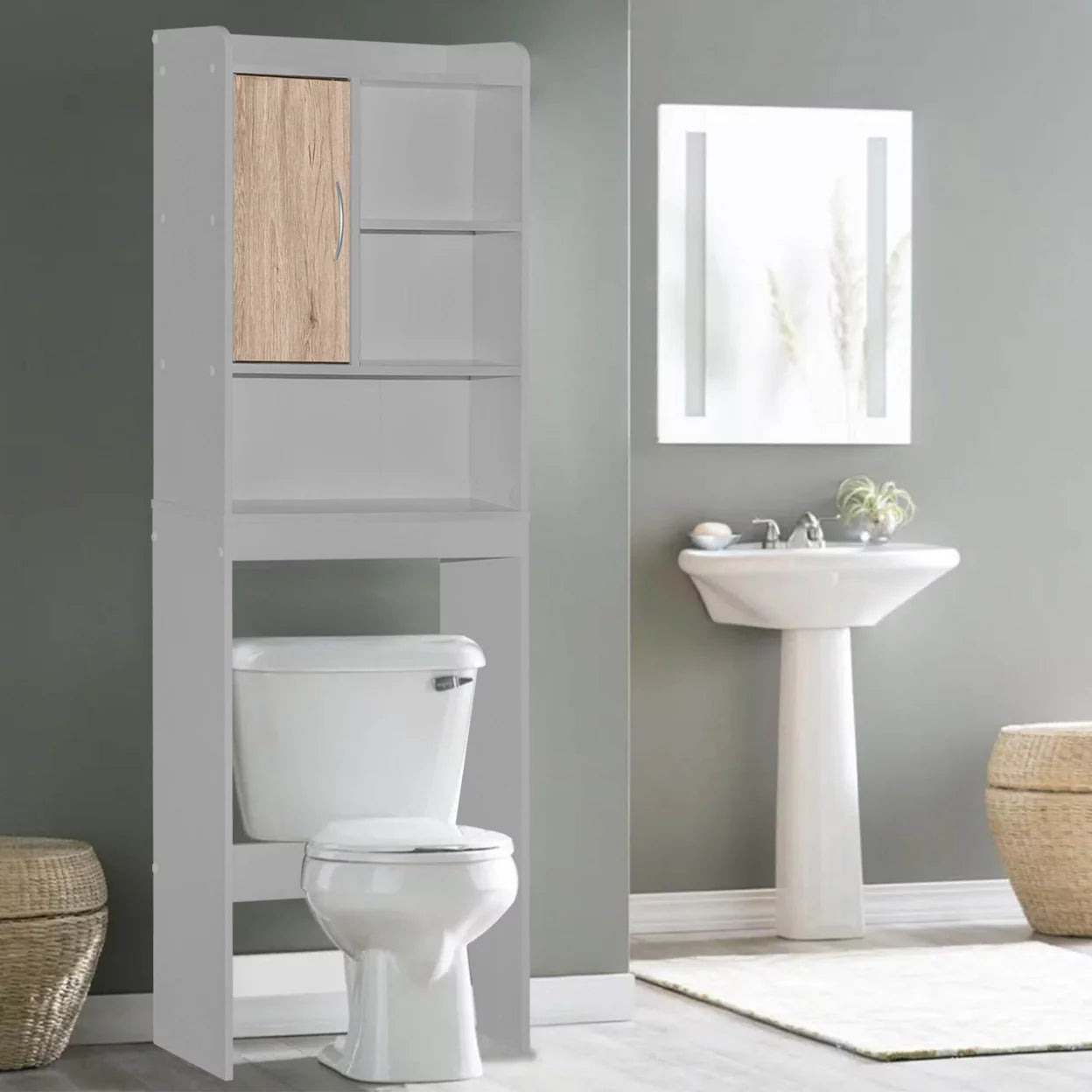 Over-the-Toilet Storage Cabinet in Light Gray & Natural Oak H765