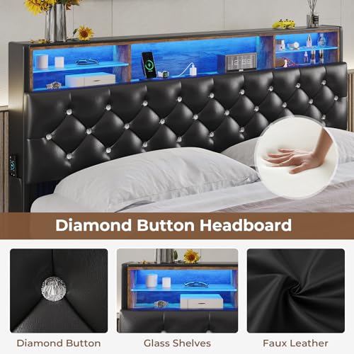 King Size Floating Bed Frame with LED Lights, Faux Leather Upholstered, PU Black B98127