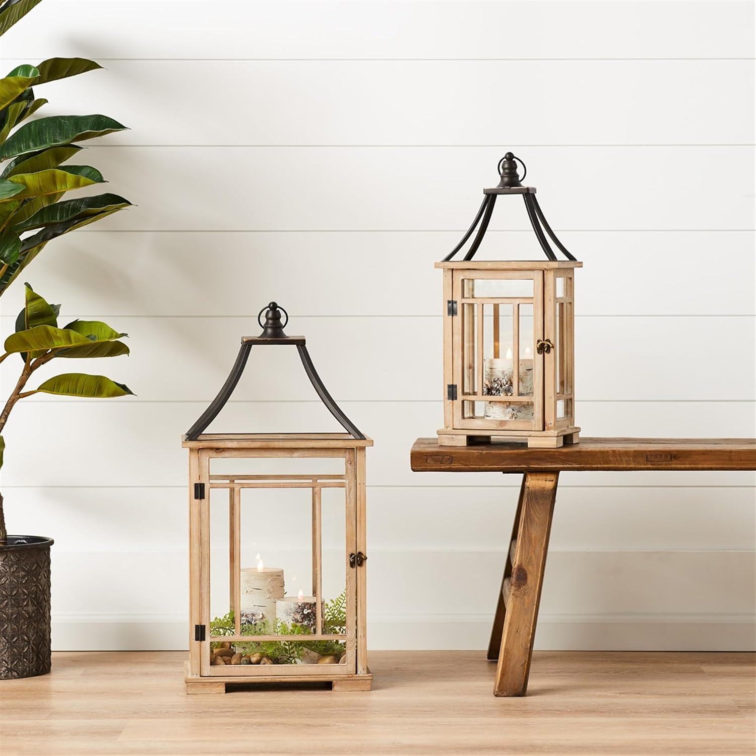 Set of 2 Wood and Metal Candle Lantern L456