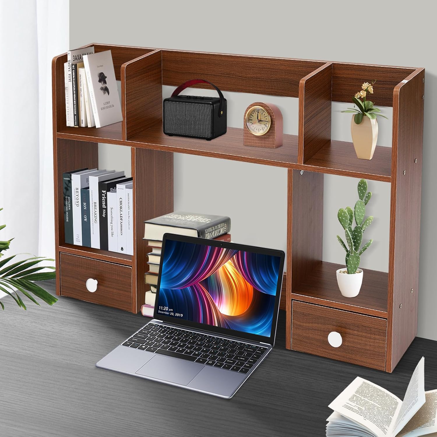 Dark Walnut Wood Desk Hutch with 2 Drawers V414
