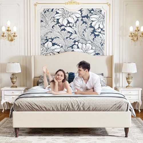 Beige King Size Upholstered Platform Bed with Tall Headboard P3078