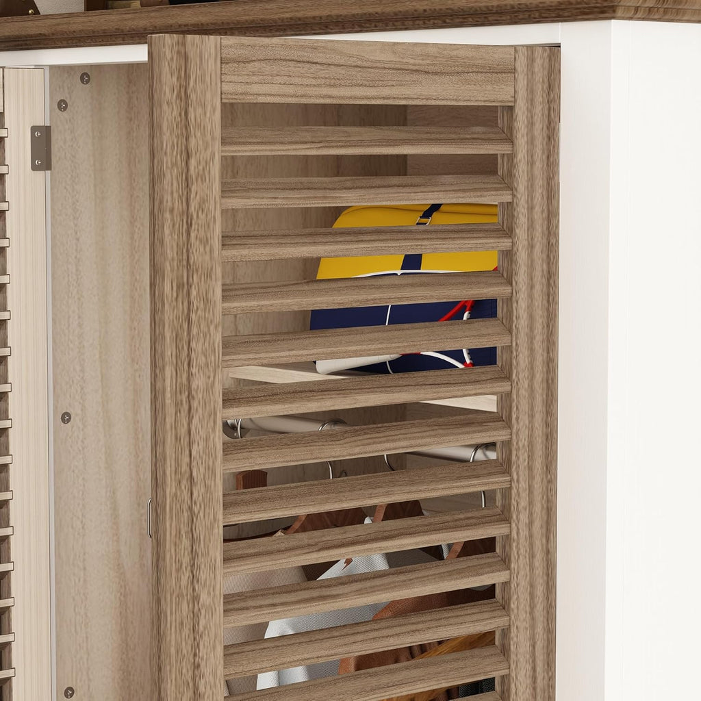4 Doors Wardrobe Armoire with Louver Doors, Storage Shelves, 4 Drawers & Hanging Rod, Wooden Closet Storage Cabinet, Brown & White U99702