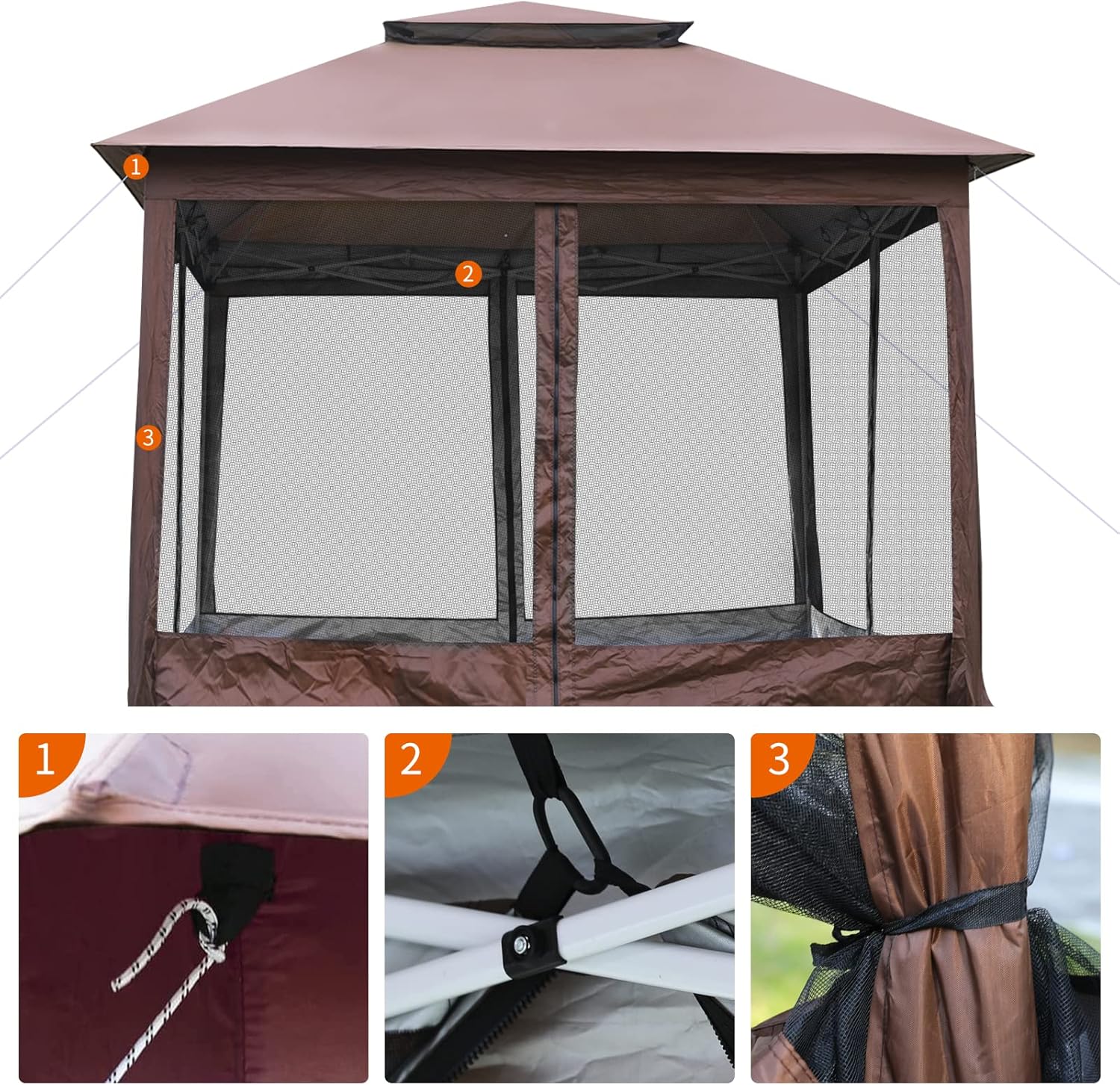 10'x10' Brown Pop Up Gazebo with Mosquito Netting Double Roof O311