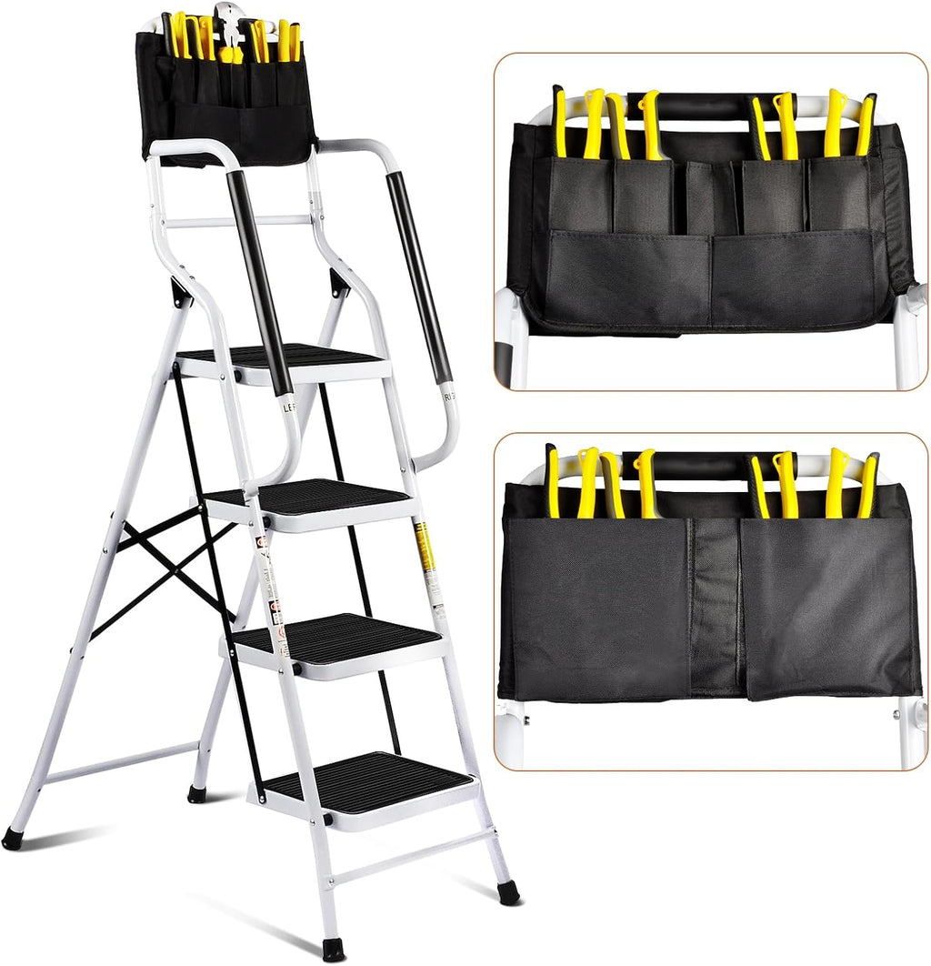 White Steel Step Ladder with Handrails and Tool Bag G82869