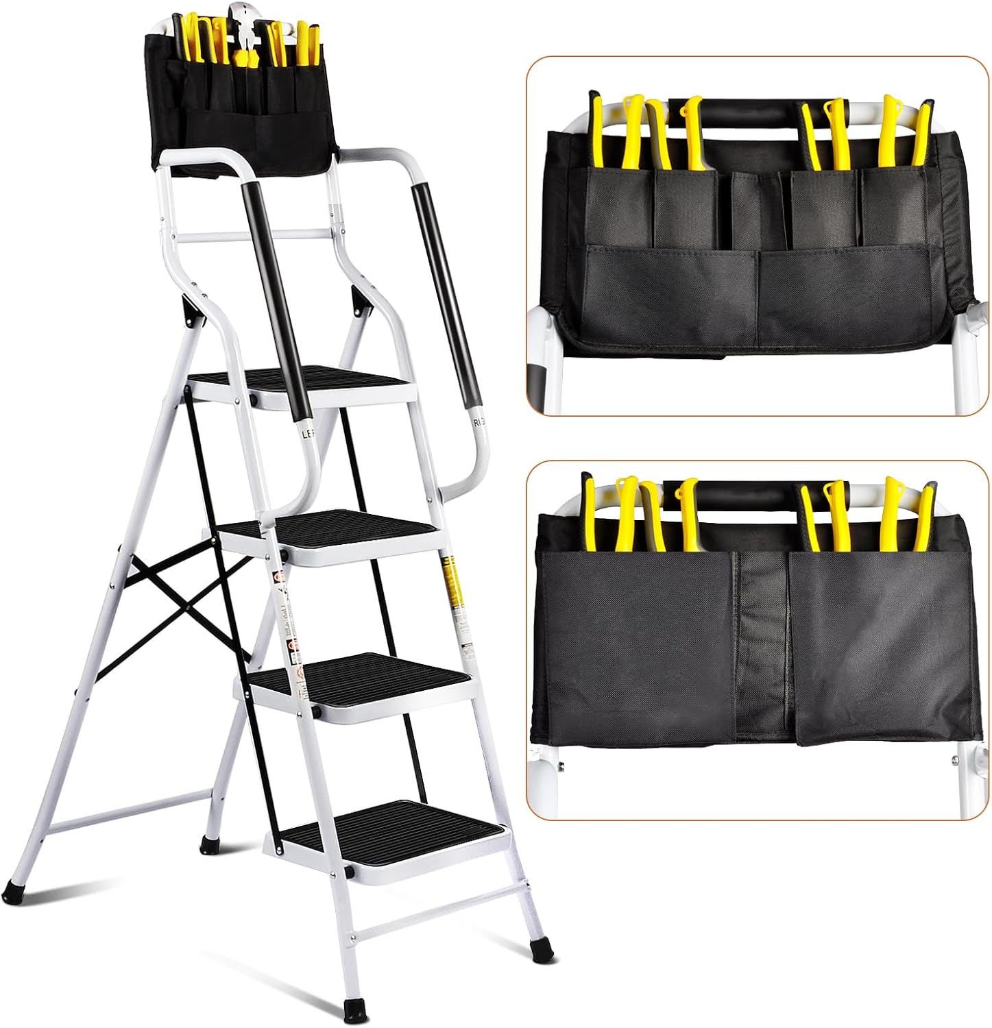White Steel Step Ladder with Handrails and Tool Bag G82869