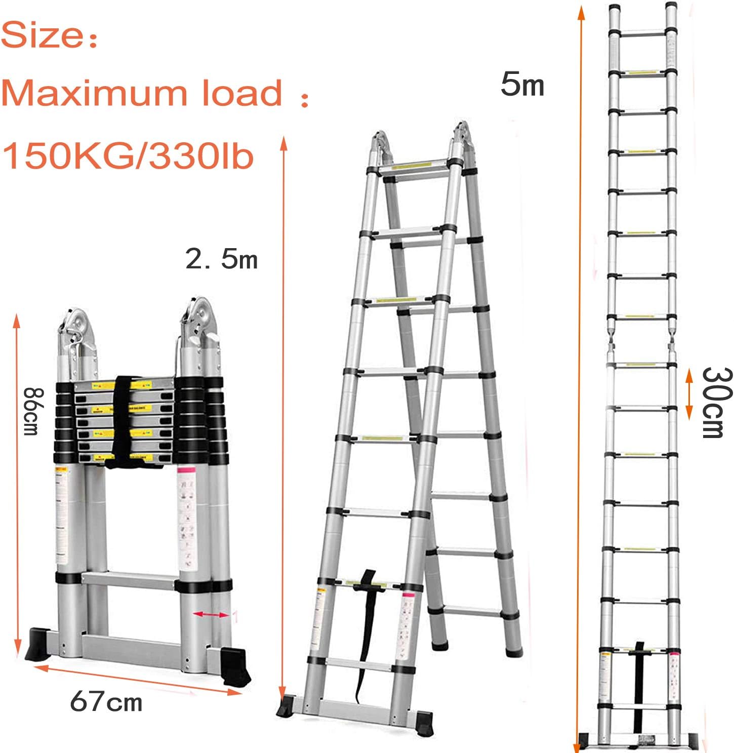 16.5FT/5M Telescopic Aluminum Extension Ladder with Slip-Proof Feet F7580