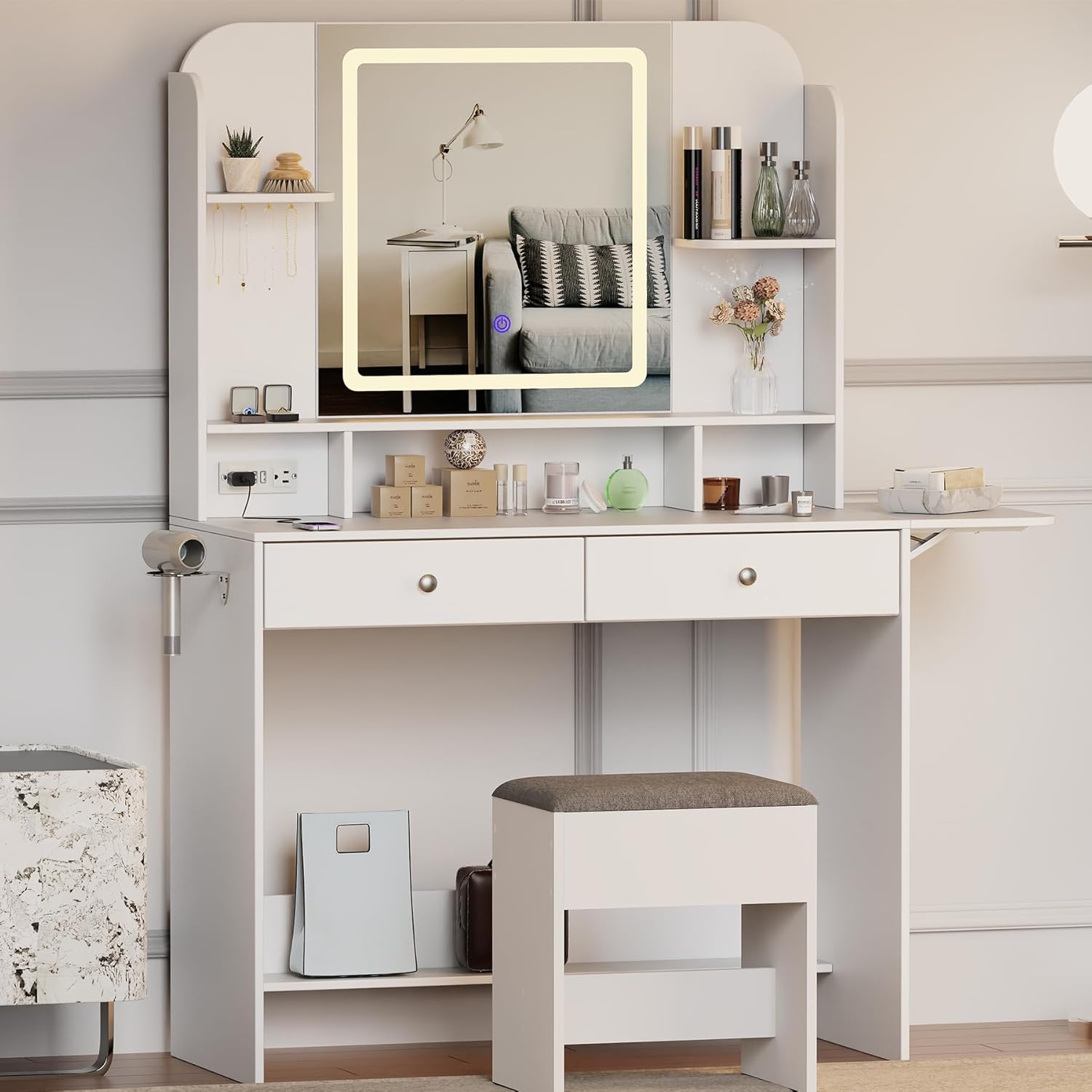 White Dressing Table with Mirror and Stool, 3 LED Lighting Colors Q923