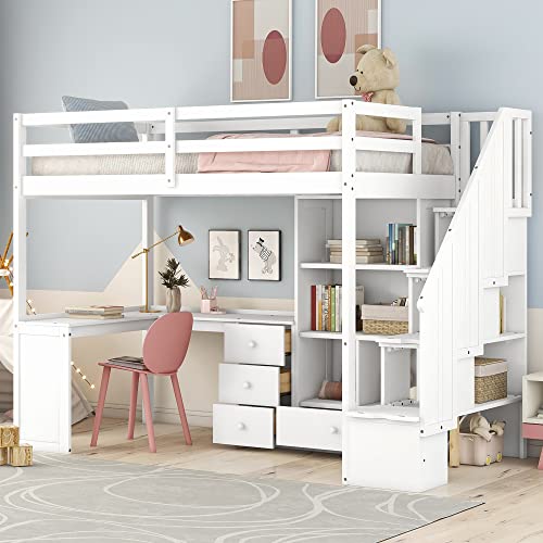 Twin Size Wood Loft Bed with Storage Stairs P64175