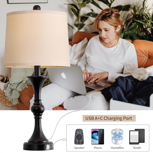 Black Fabric Drum Shade Table Lamps Set of 2 J266