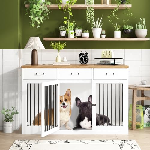 White Extra Large Dog Crate Furniture with 3 Drawers A9025