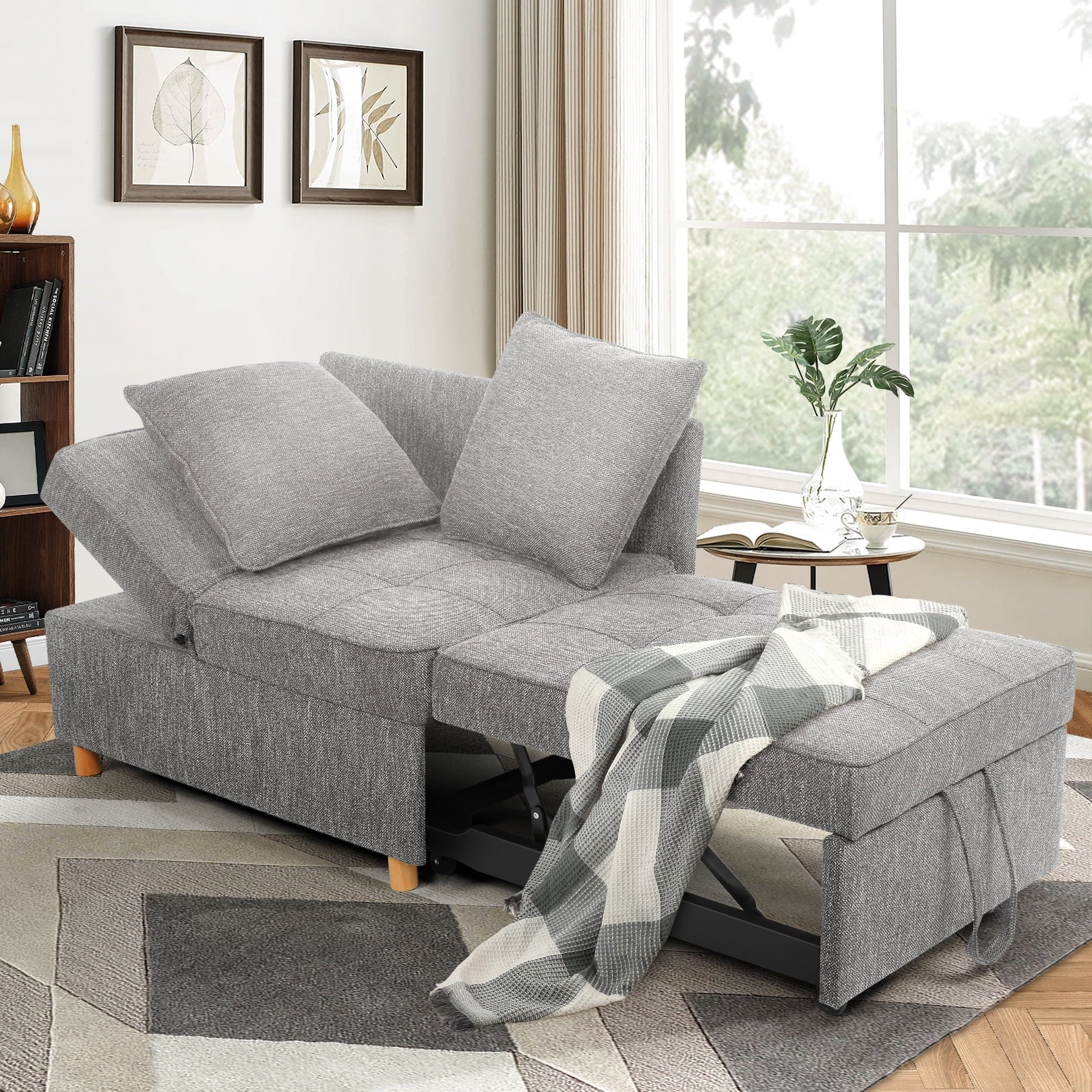 Gray Linen Convertible Sofa Bed 3-Seat Futon B164899