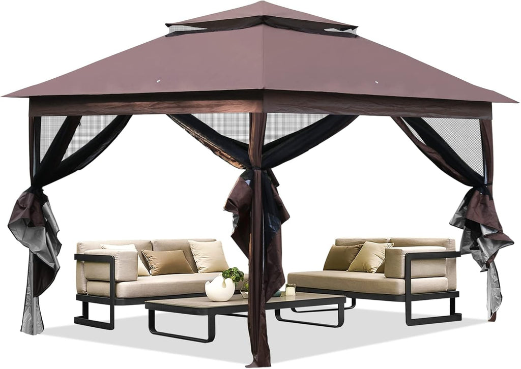 10'x10' Brown Pop Up Gazebo with Mosquito Netting Double Roof O311