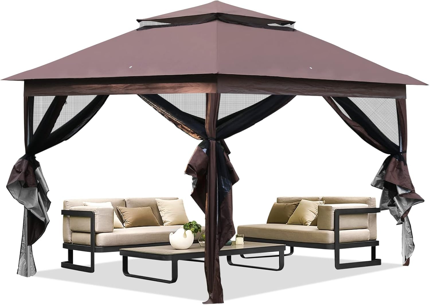 10'x10' Brown Pop Up Gazebo with Mosquito Netting Double Roof O311