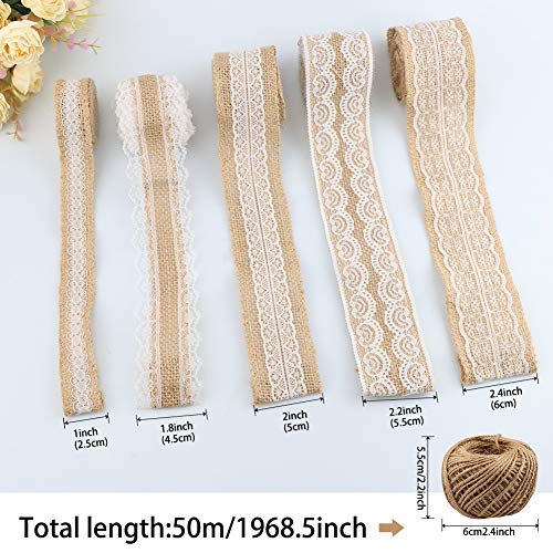 24 Burlap Flowers and Bowknots, 5 Lace Burlap Ribbon Rolls, 1 Twine Ribbon and Glue Point Z6490