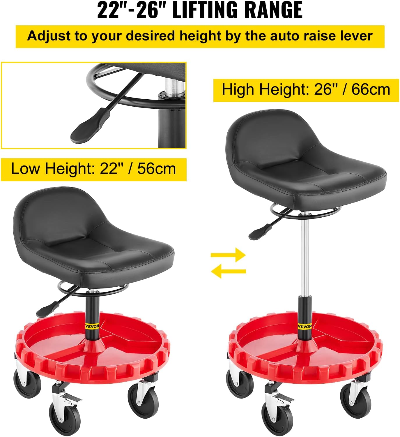 400 LBS Adjustable Height Rolling Garage Stool with Round Tray R9114