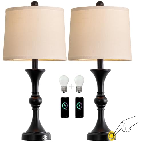 Black Fabric Drum Shade Table Lamps Set of 2 J266