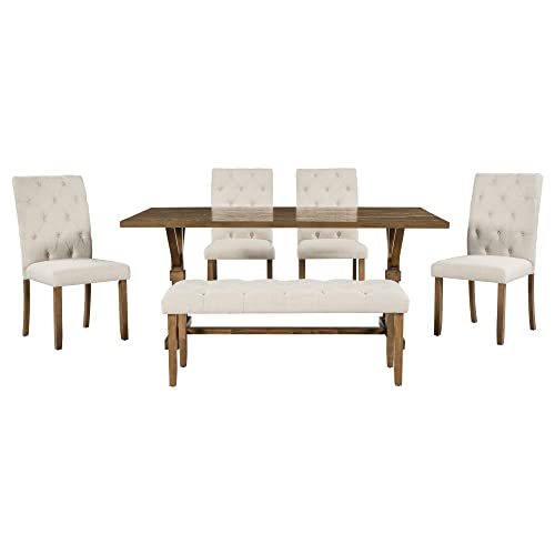 Wood Kitchen Dining Table Set for 6 Persons with Bench and Chairs, Natural Cherry Y863052
