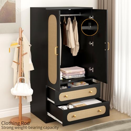 2 Door Rattan Wood Wardrobe with 2 Drawers & Hanging Rail (Black) Y945946