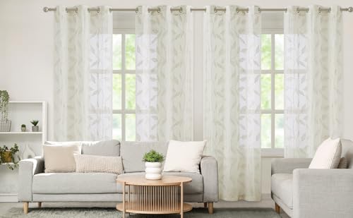 White Floral Semi Sheer Curtains 84 inch Grommet Top W38 x L84 x2 A341
