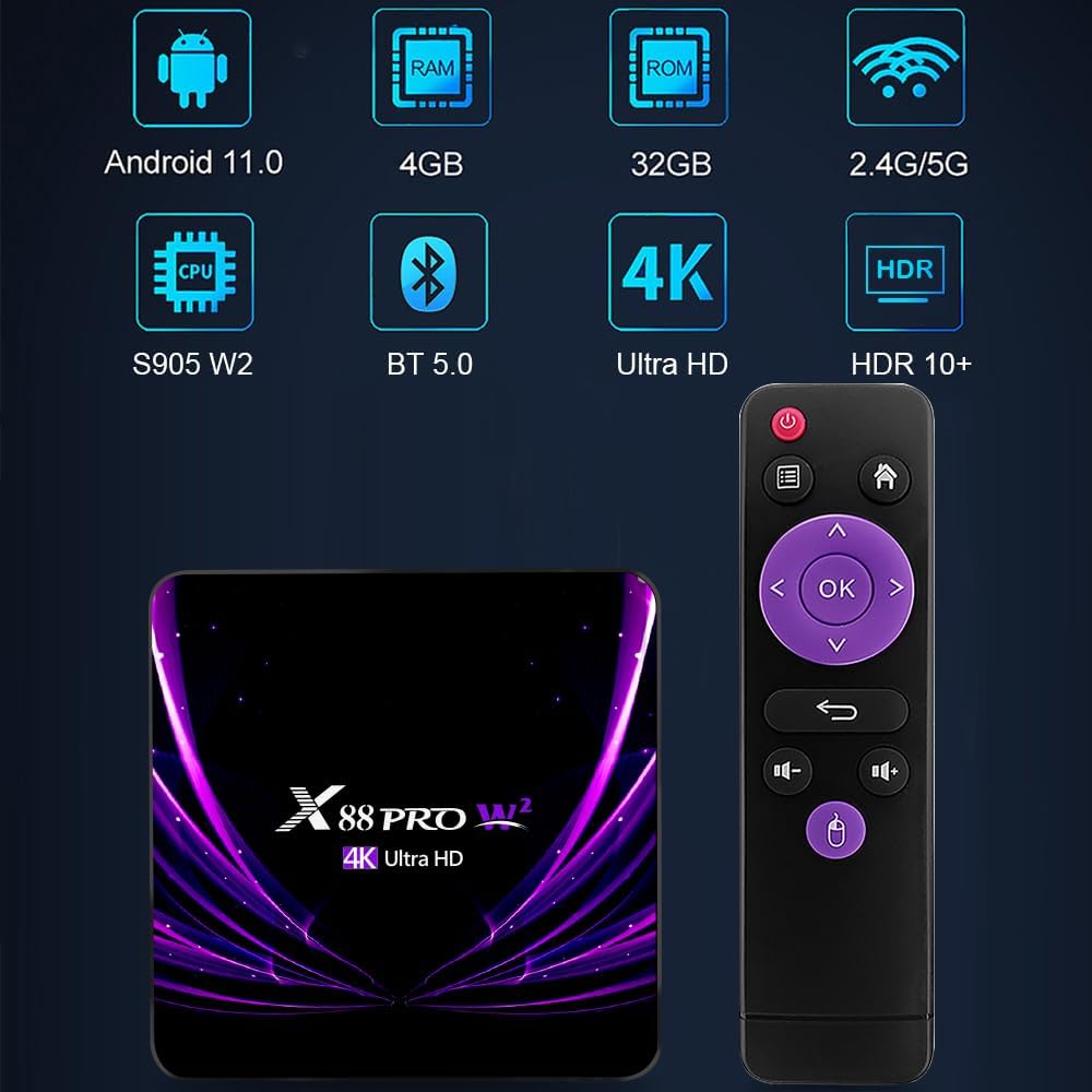 Android TV Box 11.0 Quad Core 4GB RAM 32GB ROM Dual-WiFi 2.4G 5G HDR10 BT5.0 USB 2.0 3D Ethernet with Mini Backlit Keyboard O643