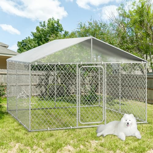 8 x 8 FT Galvanized Chain Link Outdoor Dog Kennel with Roof M3619