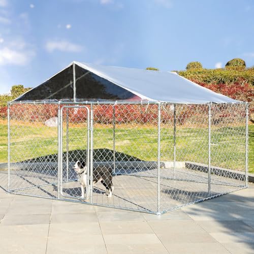 8 x 8 FT Galvanized Chain Link Outdoor Dog Kennel with Roof M3619