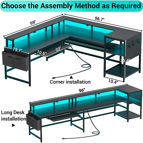 Grey L Shaped Desk with Power Outlets and LED Strip N3032