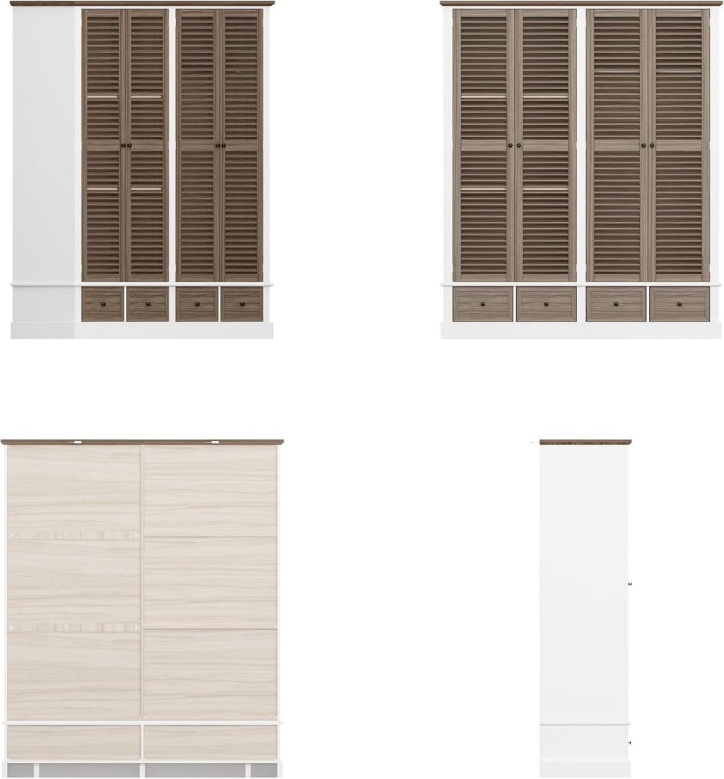 4 Doors Wardrobe Armoire with Louver Doors, Storage Shelves, 4 Drawers & Hanging Rod, Wooden Closet Storage Cabinet, Brown & White U99702