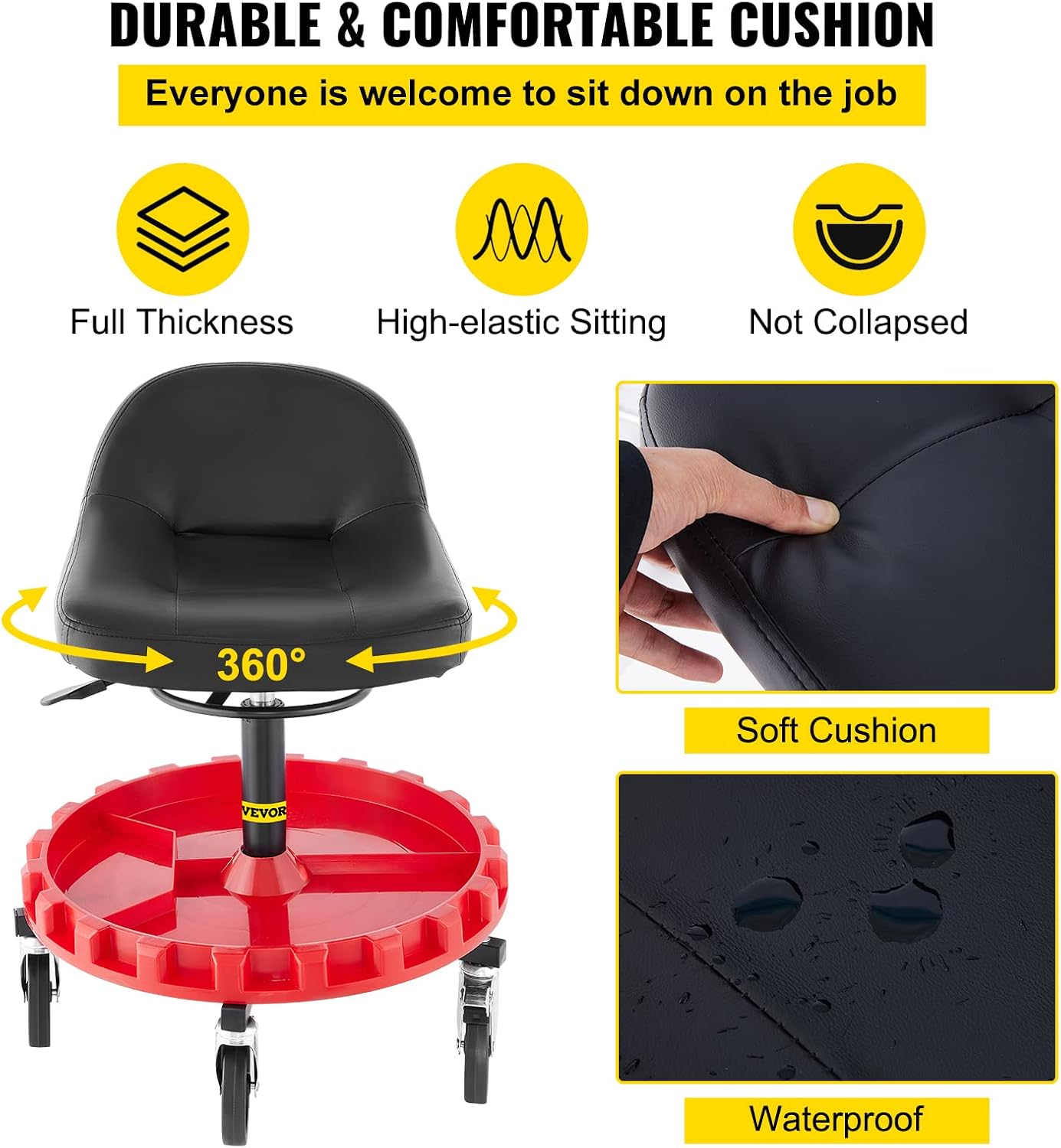 400 LBS Adjustable Height Rolling Garage Stool with Round Tray R9114