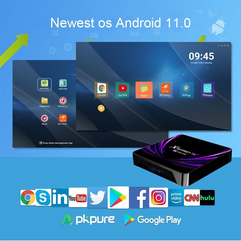 Android TV Box 11.0 Quad Core 4GB RAM 32GB ROM Dual-WiFi 2.4G 5G HDR10 BT5.0 USB 2.0 3D Ethernet with Mini Backlit Keyboard O643