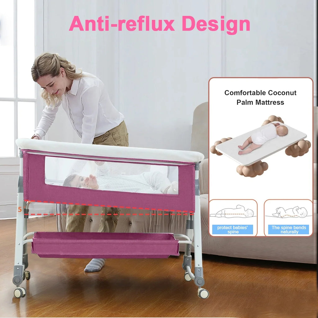 Pink 4 in 1 Infant Bedside Crib with Storage Basket I436