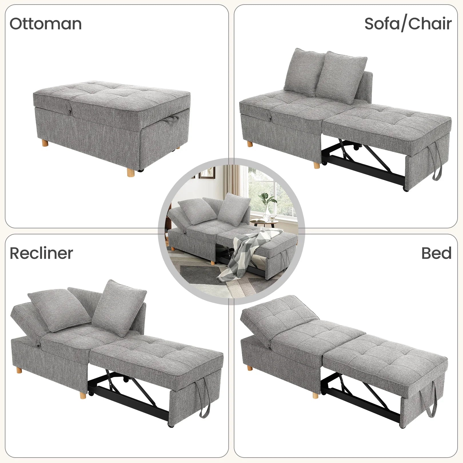 Gray Linen Convertible Sofa Bed 3-Seat Futon B164899