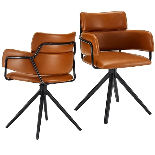 Light Brown Upholstered Leather Swivel Dining Chairs Set of 2 Q82069