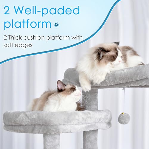 Light Gray 74 inches Multi-Level XL Cat Tree with Three Cat Condos and Two Top Decks B58336