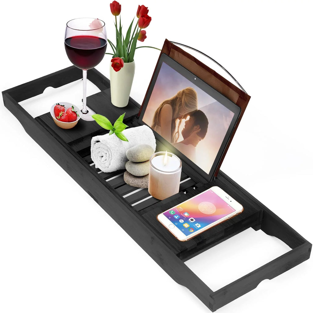 Bamboo Bathtub Tray Expandable Bathtub Caddy with Reading Rack Tablet Holder Wine Glass Holder (Black) A469866
